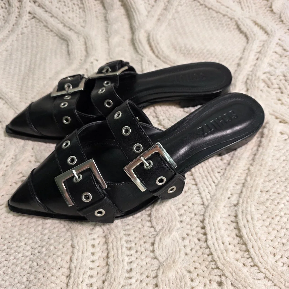 Schutz Penny Flat Leather Mules Black Double Moto Buckle Pointed Toe Women 6 NEW - Picture 2 of 5